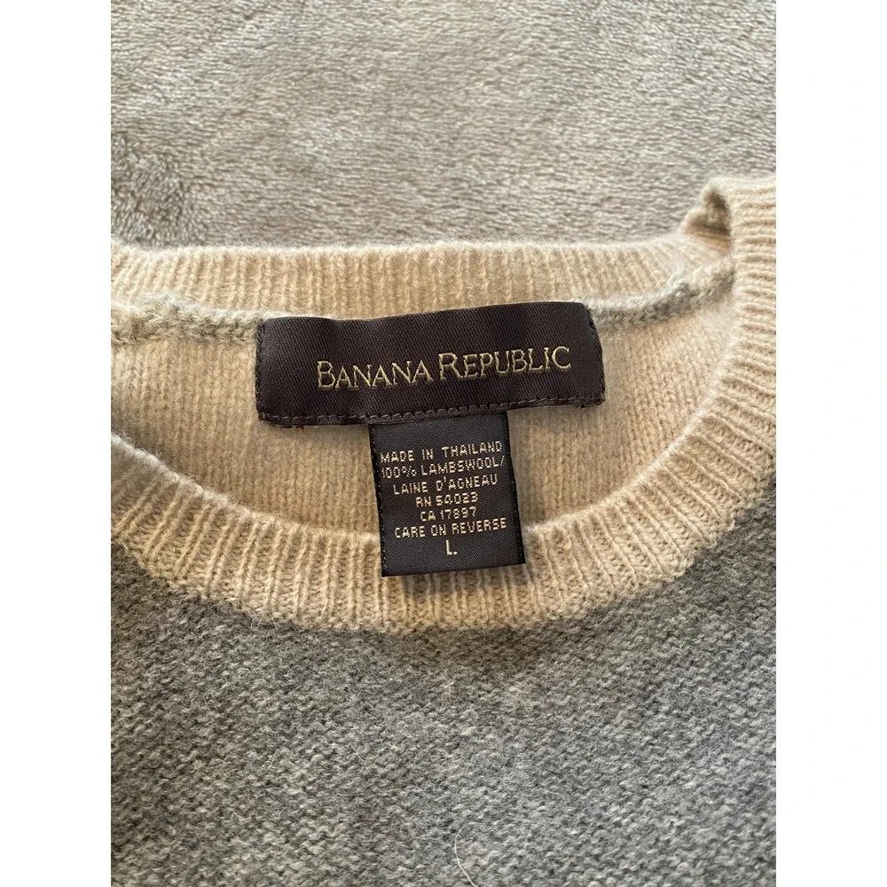 Banana Republic Sweater Sz L Grey Beige Striped 100% Lambswool Neutral Preppy